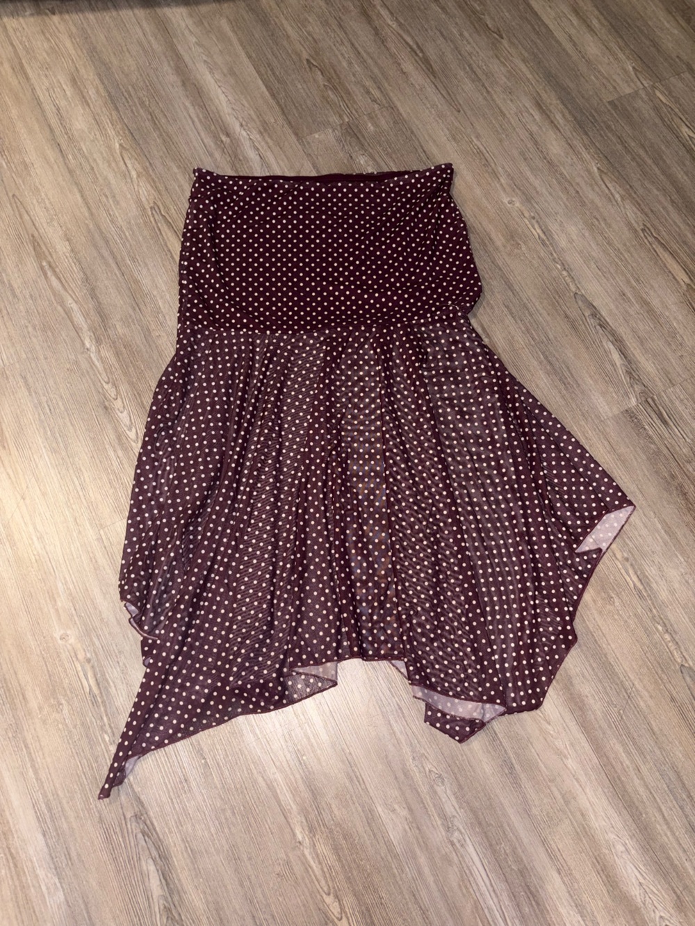Peppermayo Maroon Polka Dot Handkerchief Hem Midi Strapless Dress